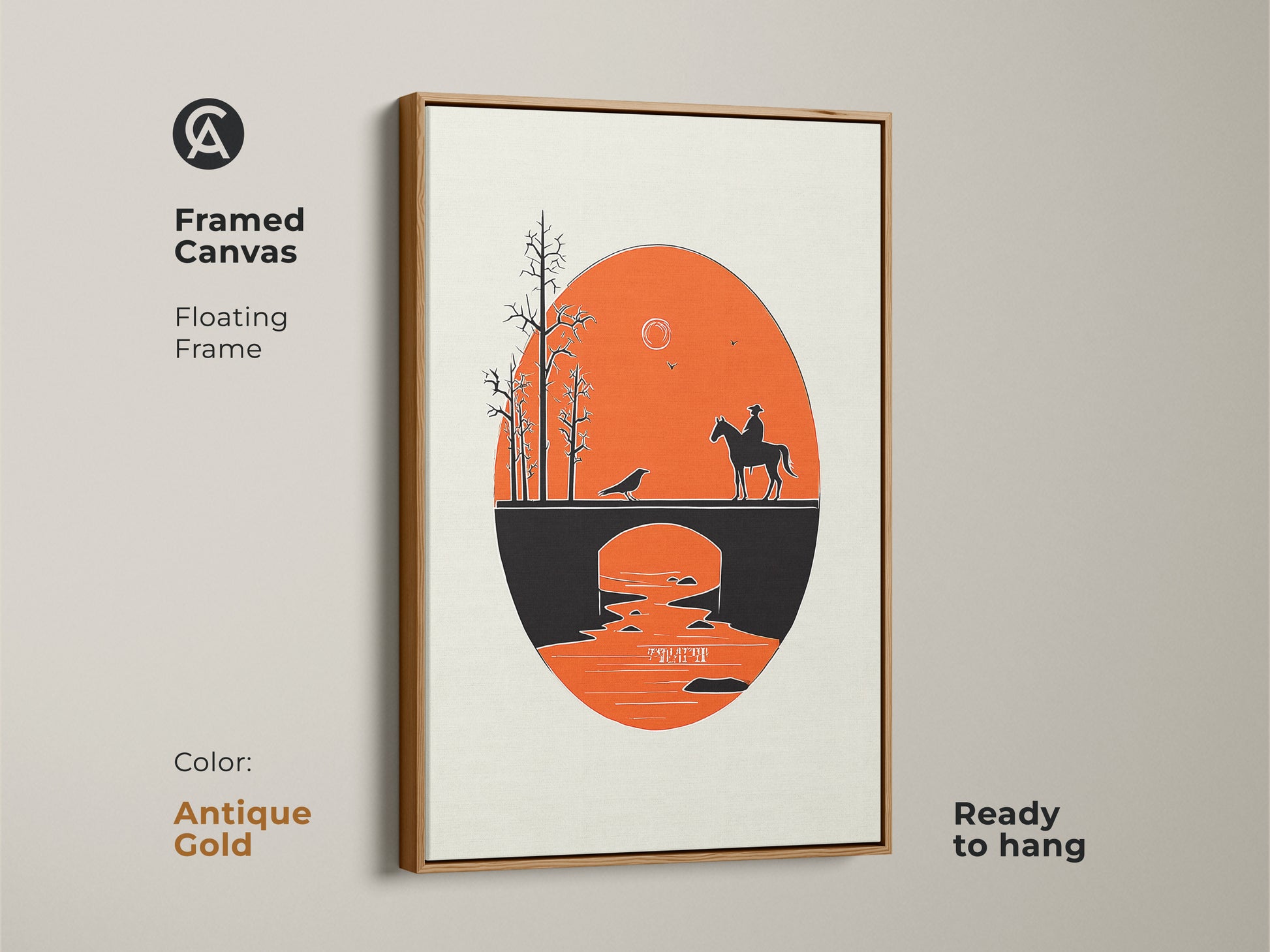 Framed Canvas in antique gold featuring a cowboy on horseback on a bridge. This Mid-Century Modern art print includes a retro orange and black landscape. This minimalist western art is ready to hang. It makes a unique housewarming gift for enthusiasts of cowboy art. The silhouette bridge painting adds a touch of vintage charm to any room.