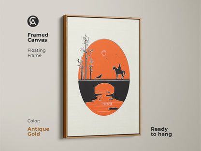 Framed Canvas in antique gold featuring a cowboy on horseback on a bridge. This Mid-Century Modern art print includes a retro orange and black landscape. This minimalist western art is ready to hang. It makes a unique housewarming gift for enthusiasts of cowboy art. The silhouette bridge painting adds a touch of vintage charm to any room.