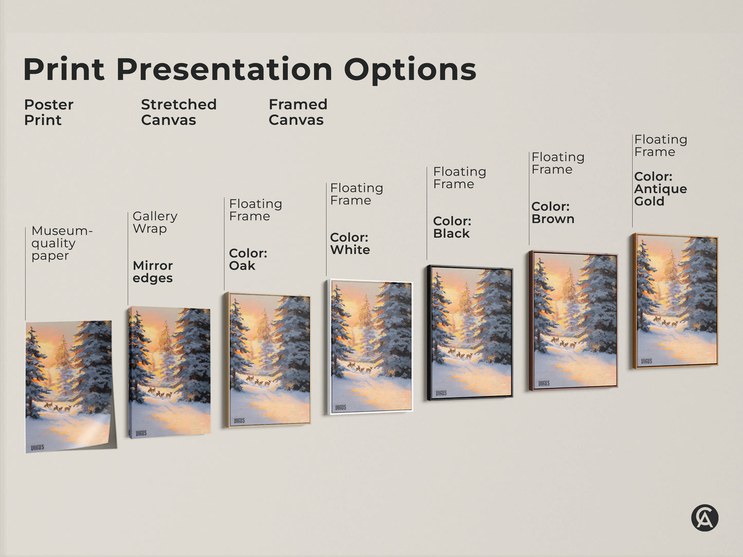Explore print presentation options for snowy forest deer canvas art. Choose from poster prints stretched canvas and framed canvas. Options include gallery wrap museum quality paper and floating frames in oak white black brown and antique gold. Find the perfect nature wildlife home decor.