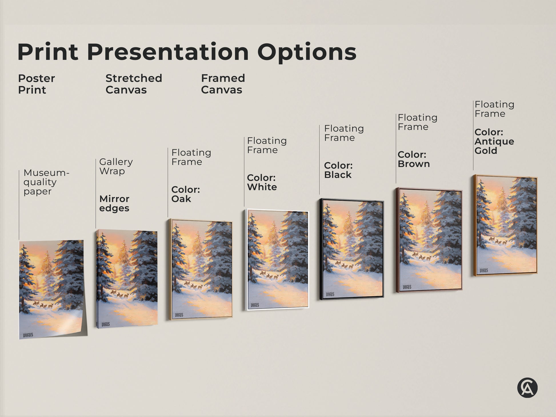 Explore print presentation options for snowy forest deer canvas art. Choose from poster prints stretched canvas and framed canvas. Options include gallery wrap museum quality paper and floating frames in oak white black brown and antique gold. Find the perfect nature wildlife home decor.