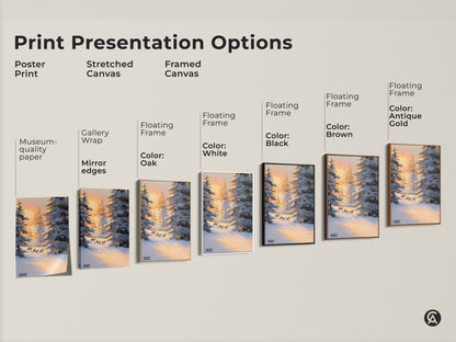 Explore print presentation options for snowy forest deer canvas art. Choose from poster prints stretched canvas and framed canvas. Options include gallery wrap museum quality paper and floating frames in oak white black brown and antique gold. Find the perfect nature wildlife home decor.