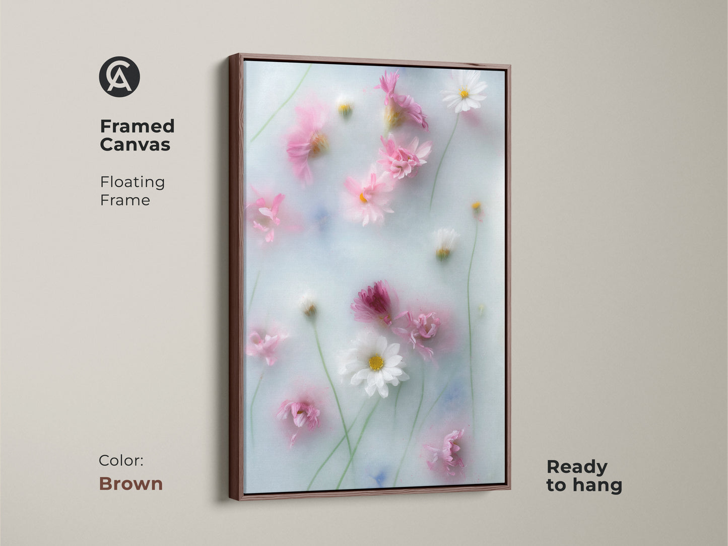 Framed canvas showcasing soft focus pink daisy and cosmos flowers. This dreamy botanical art with a brown floating frame is ready to hang. Enjoy the pastel blue wall art with a Scandinavian vibe. A romantic and gentle flower artwork.