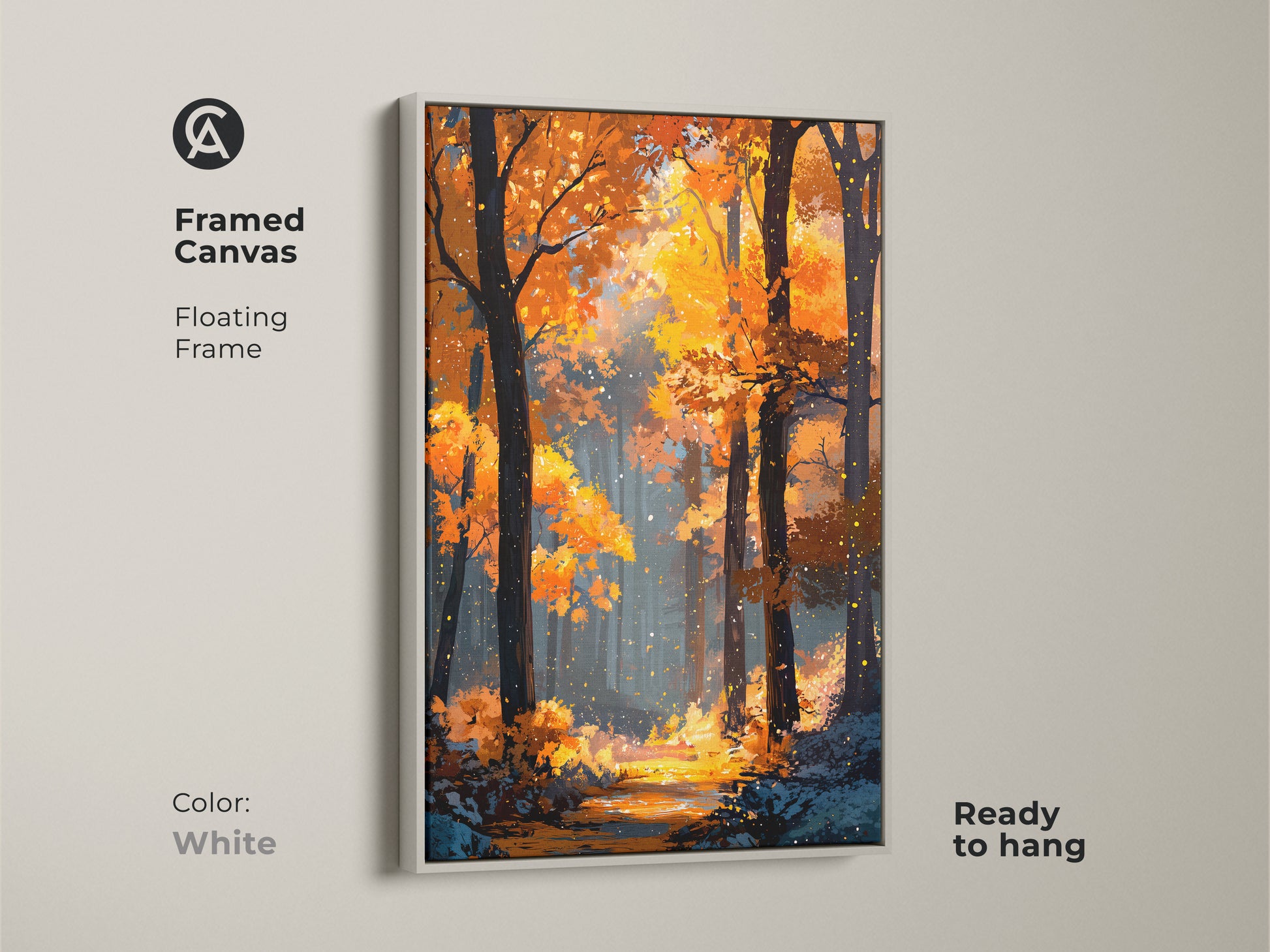 Framed canvas artwork with a white floating frame. Showcasing a beautiful autumn forest scene. Ready to hang and enhance your home decor. The floating frame adds a touch of elegance to the vibrant artwork.