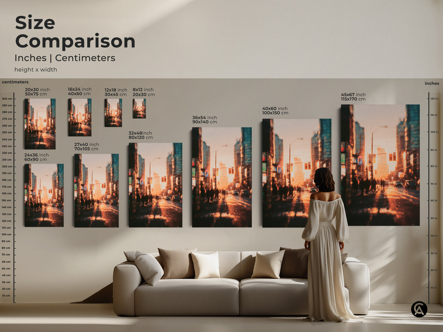 Size comparison for art prints in inches and centimeters. Explore various canvas and poster sizes to find the perfect fit for your space. Visualize how art will look above your sofa. Transform your living room with art that complements your home decor. Discover the ideal size.