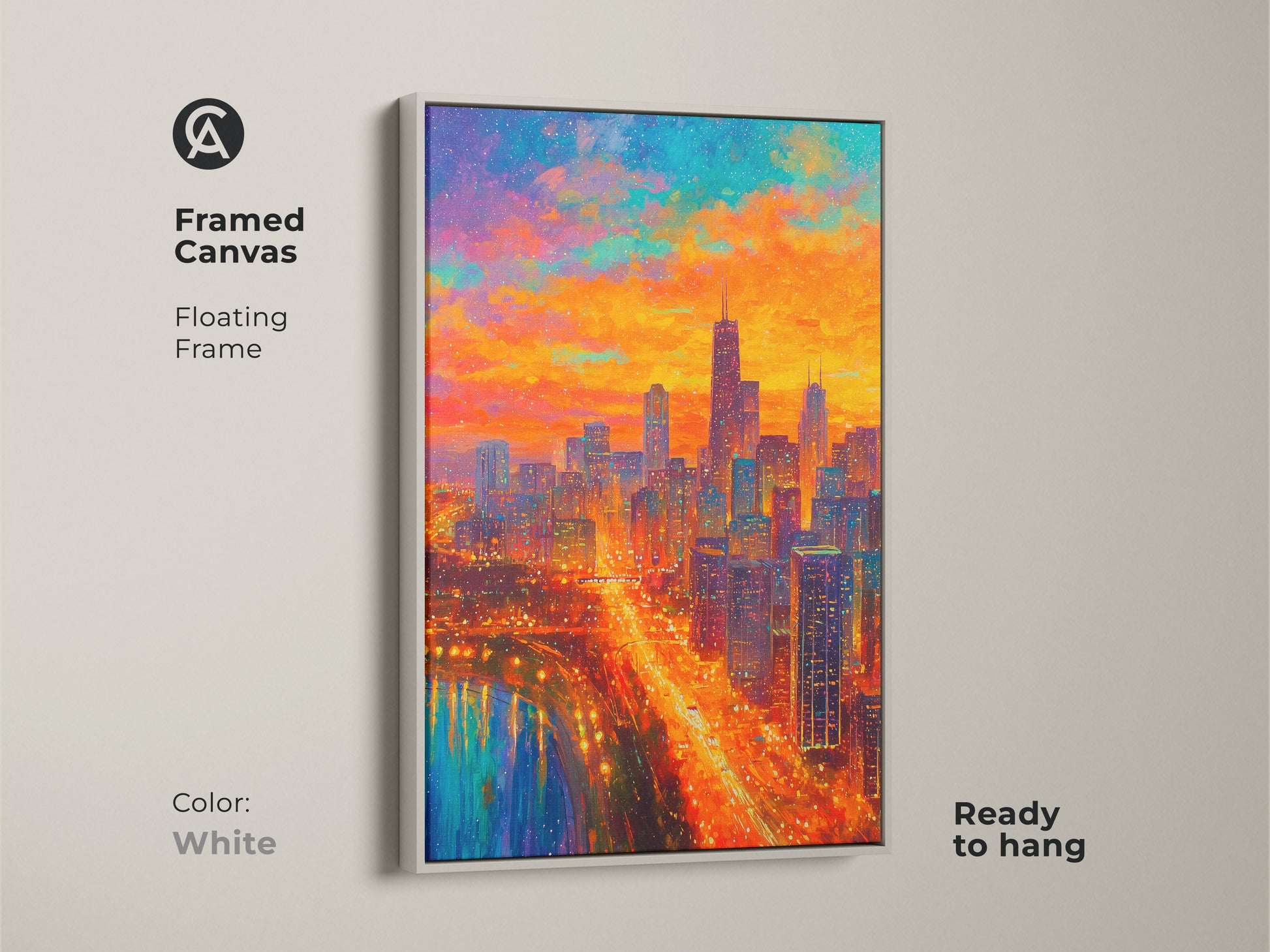 This is framed canvas art featuring the Chicago skyline. The floating frame is white. The vibrant artwork is ready to hang. It will brighten any room with its colorful hues. The cityscape art is a modern statement piece