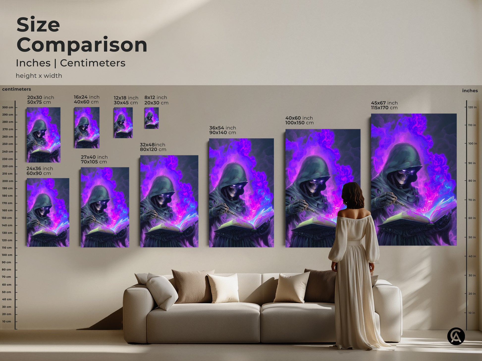 Size Comparison of Skeleton Mage Canvas Art. It shows inches and centimeters. Sizes range from small to large. The art is Gothic Spellbook Wall Art. Dark Fantasy Art Print with Purple and Blue Magic Decor.