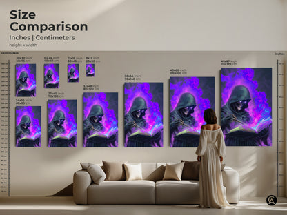 Size Comparison of Skeleton Mage Canvas Art. It shows inches and centimeters. Sizes range from small to large. The art is Gothic Spellbook Wall Art. Dark Fantasy Art Print with Purple and Blue Magic Decor.
