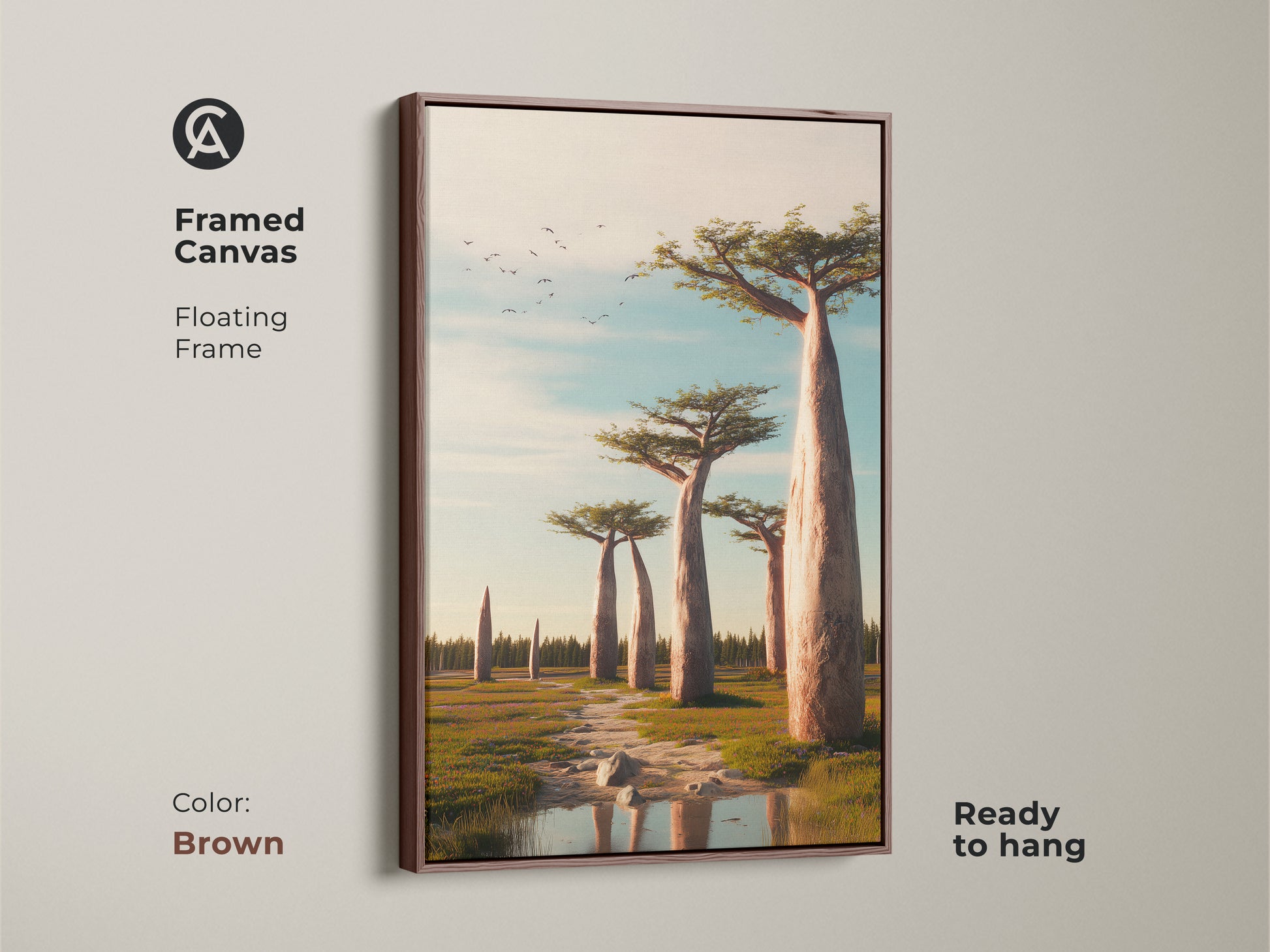 Framed canvas art with a brown floating frame featuring a savanna landscape. The earthy tones nature art brings a boho touch to any room. This baobab tree canvas print is ready to hang. It is perfect for nature lovers.