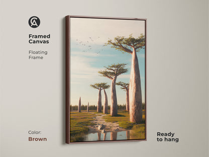 Framed canvas art with a brown floating frame featuring a savanna landscape. The earthy tones nature art brings a boho touch to any room. This baobab tree canvas print is ready to hang. It is perfect for nature lovers.