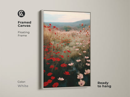 Framed canvas featuring a white floating frame showcases a Crimson Red Poppy Field artwork. This impressionistic floral canvas is ready to hang. Soft pink wildflowers bring a serene touch to any space. A perfect botanical art piece for bohemian home decor.