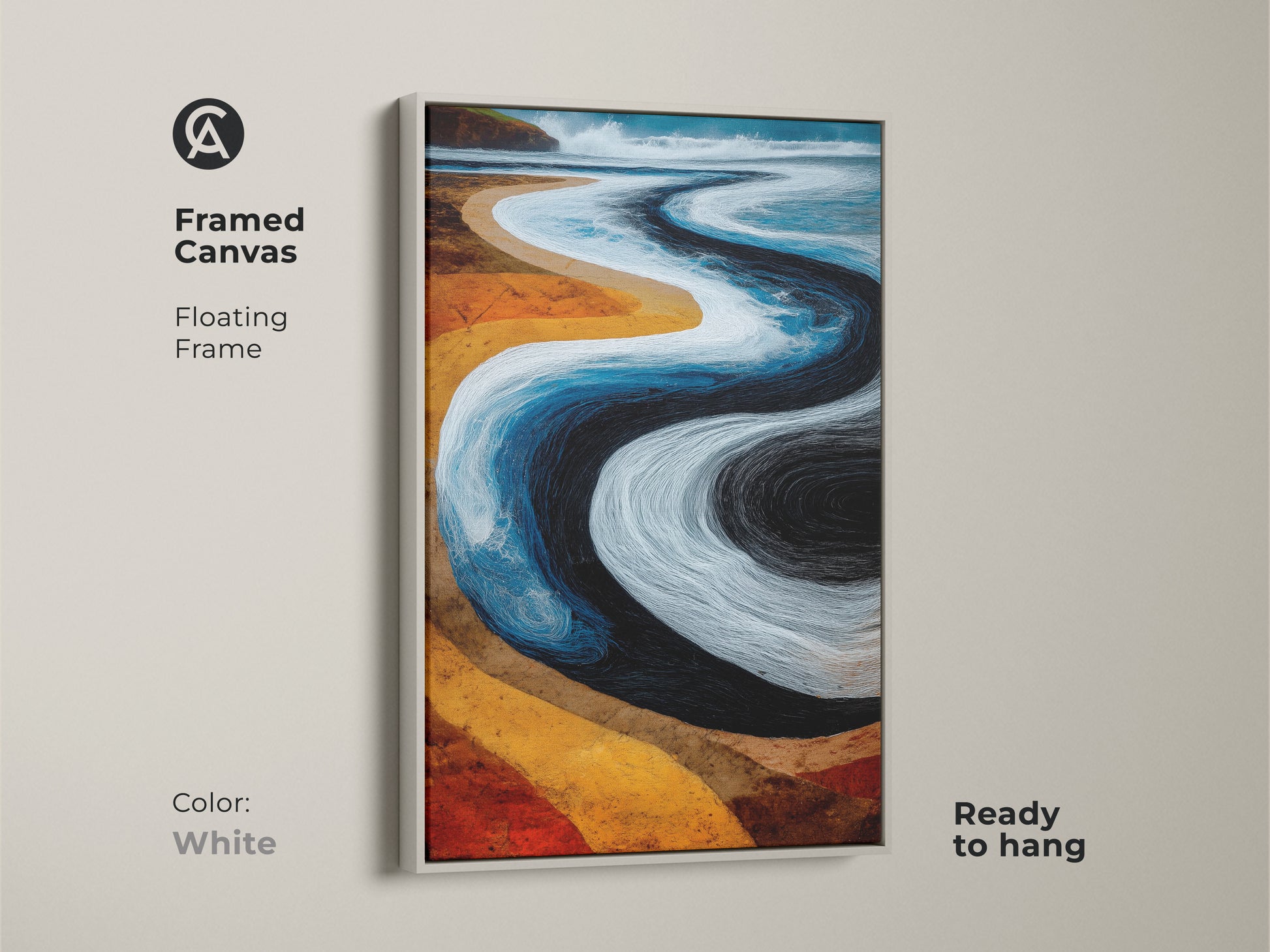 White framed canvas of abstract beach artwork. This floating frame enhances coastal wall decor. A unique boho wall art piece ready to hang. The blue and orange tones provide a vibrant ocean view.
