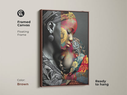 This framed canvas features 'Mother and Child' artwork. The floating frame adds to the contemporary wall decor. The brown color complements the abstract expressionist art. It is ready to hang. The african patterned canvas print is perfect for eclectic home interiors. This family love art print features gold red and teal colors.