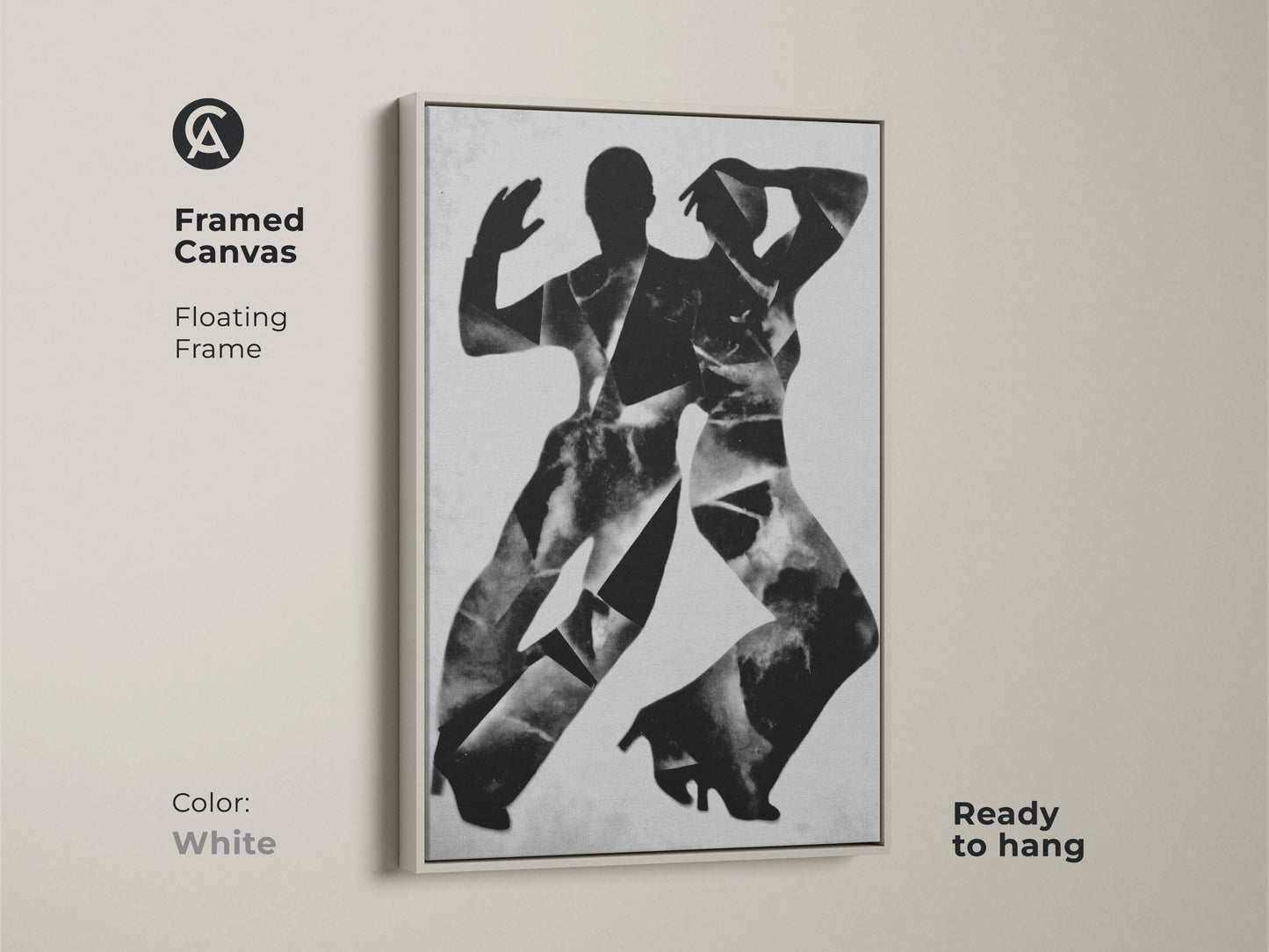 Stretched canvas featuring monochrome dancers wall art. The gallery wrap has mirror edges. This abstract figures canvas print is ready to hang. A perfect contemporary dance art for modern living room decor.