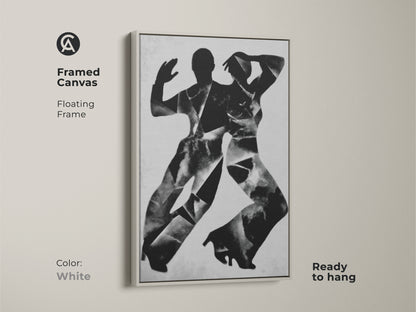 Stretched canvas featuring monochrome dancers wall art. The gallery wrap has mirror edges. This abstract figures canvas print is ready to hang. A perfect contemporary dance art for modern living room decor.