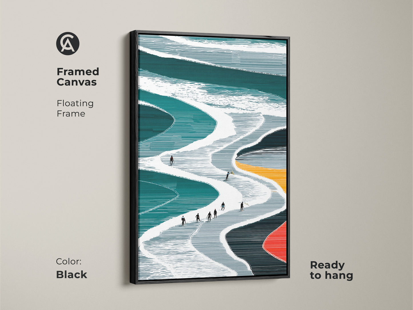 Framed Canvas showcasing teal and white minimalist ski slope artwork with a black floating frame The modern winter sports print is ready to hang and adds elegance to any room The abstract skiing artwork enhances the space making it a sophisticated home decor piece The sleek black frame complements the artwork