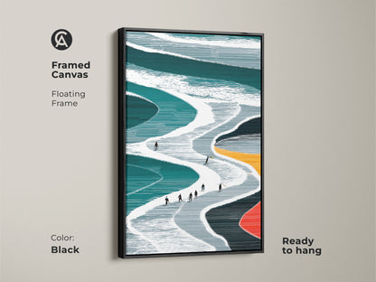 Framed Canvas showcasing teal and white minimalist ski slope artwork with a black floating frame The modern winter sports print is ready to hang and adds elegance to any room The abstract skiing artwork enhances the space making it a sophisticated home decor piece The sleek black frame complements the artwork