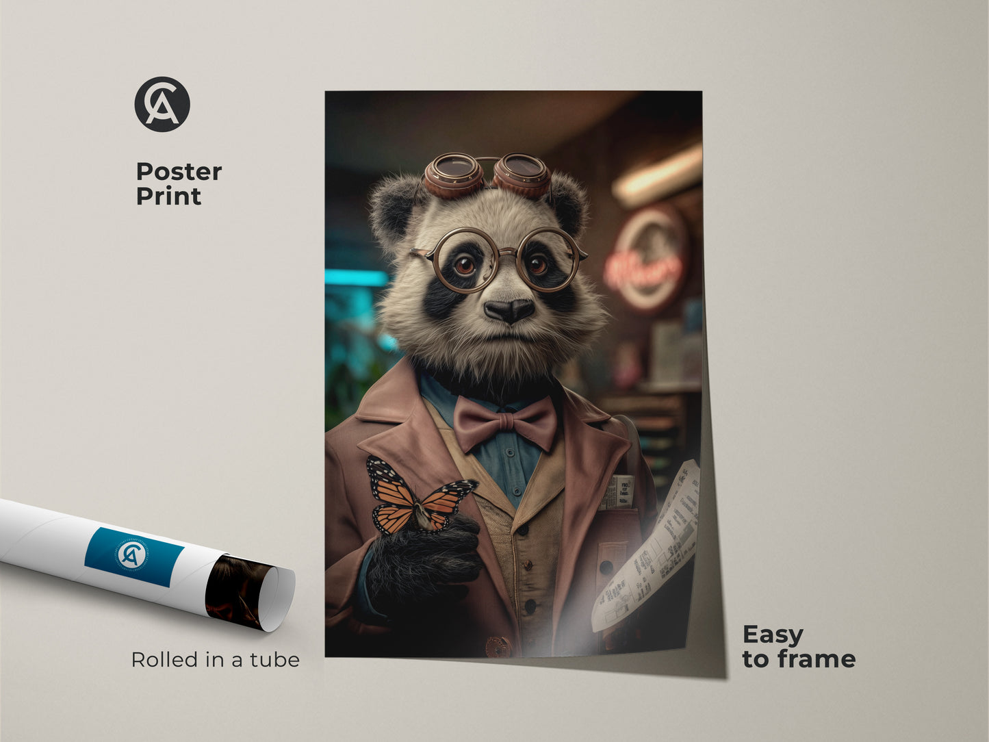 Framed canvas showcases the Steampunk Panda artwork. The brown orange and blue tones enrich the piece. A floating black frame enhances this eclectic decor. Ready to hang in a study or office this surreal panda art is captivating.