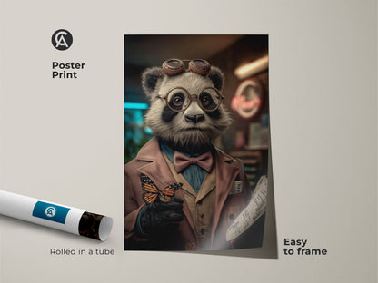 Framed canvas showcases the Steampunk Panda artwork. The brown orange and blue tones enrich the piece. A floating black frame enhances this eclectic decor. Ready to hang in a study or office this surreal panda art is captivating.