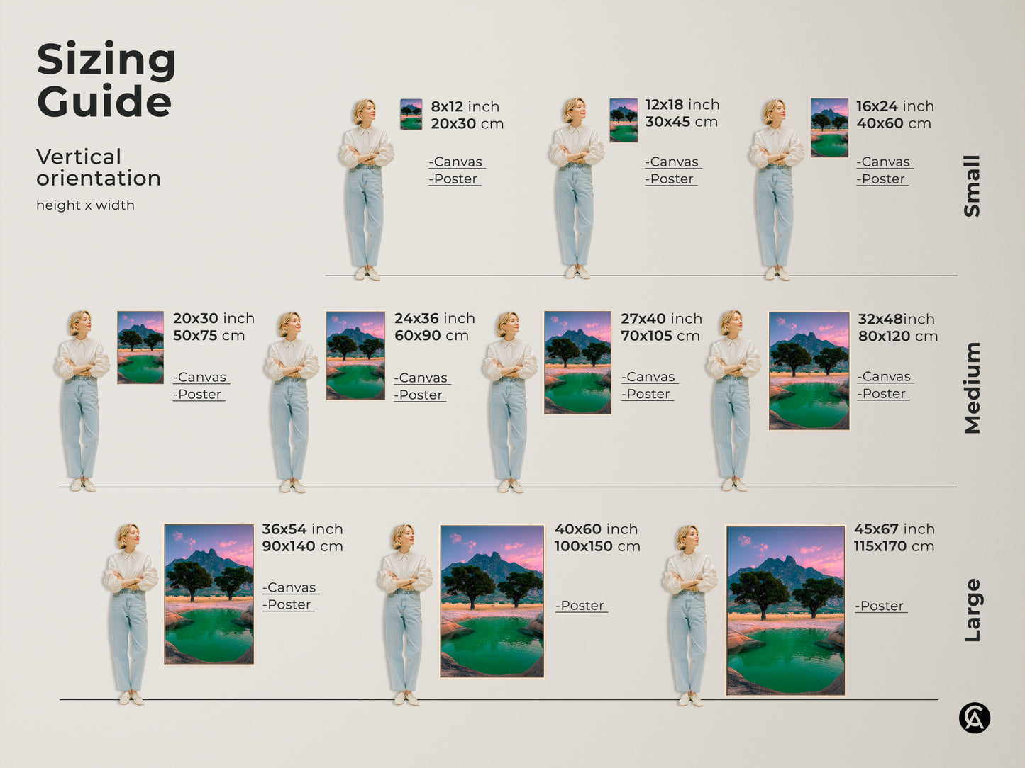 Sizing Guide for vertical African Mountain Landscape art. See canvas and poster options in small medium and large sizes. Visualize the green oasis wall decor in your space. This travel themed artwork fits any eclectic home.