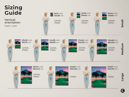 Sizing Guide for vertical African Mountain Landscape art. See canvas and poster options in small medium and large sizes. Visualize the green oasis wall decor in your space. This travel themed artwork fits any eclectic home.