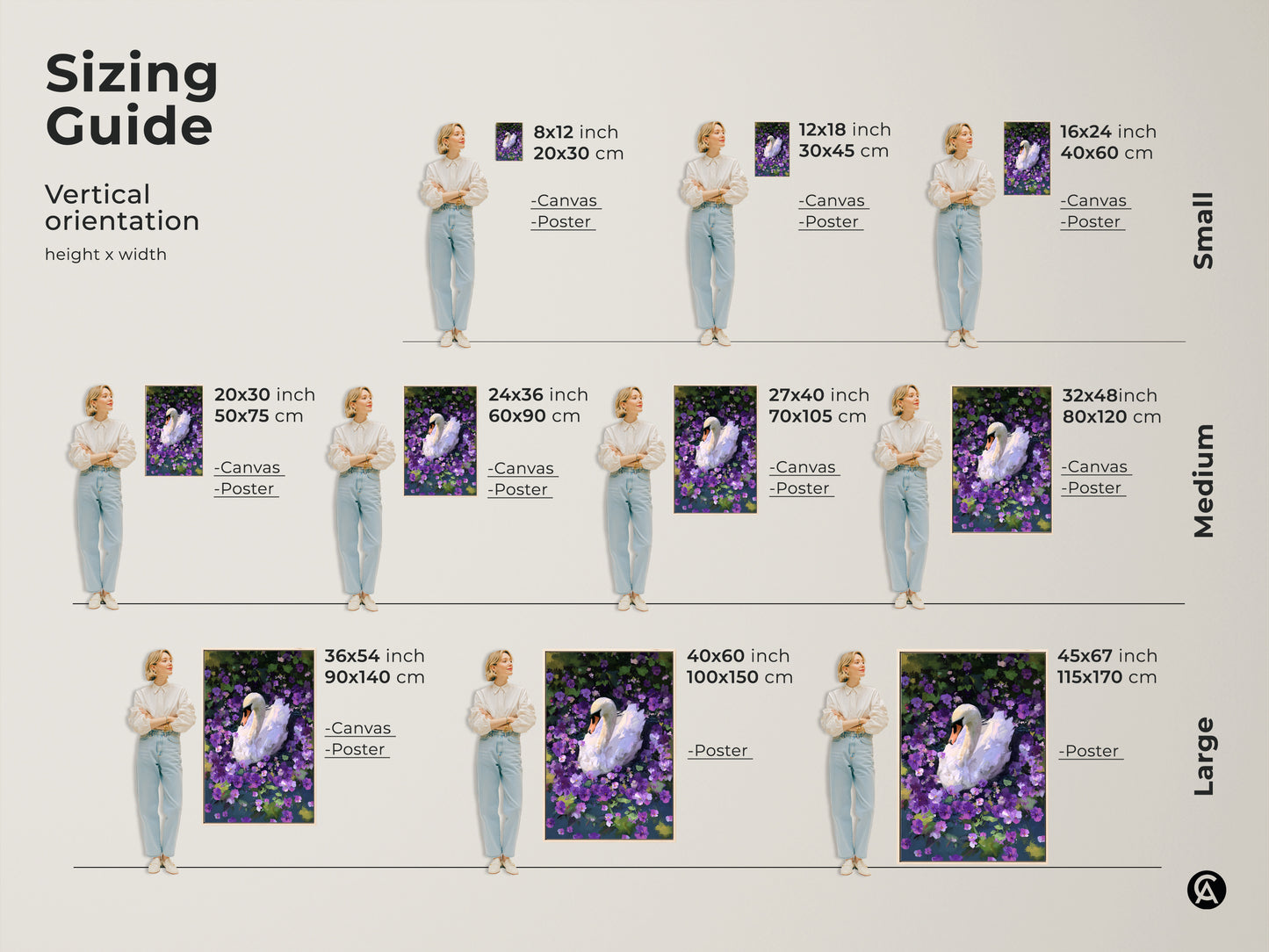 This sizing guide shows the white swan art print in various vertical sizes. The canvas and poster options fit different spaces. This painterly animal artwork makes a great focal point. Find the perfect size for your bedroom or living room. These make a thoughtful gift.