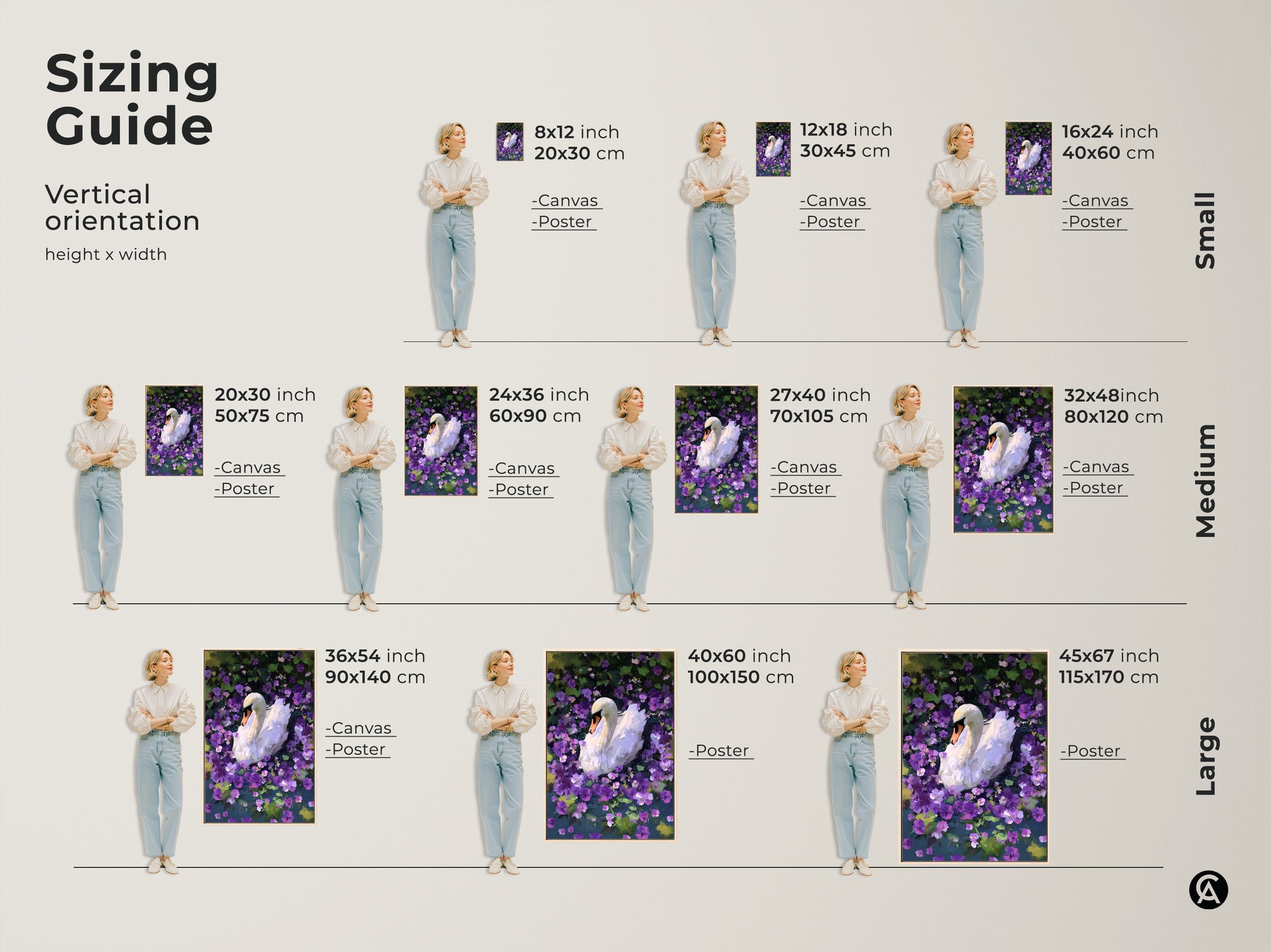This sizing guide shows the white swan art print in various vertical sizes. The canvas and poster options fit different spaces. This painterly animal artwork makes a great focal point. Find the perfect size for your bedroom or living room. These make a thoughtful gift.