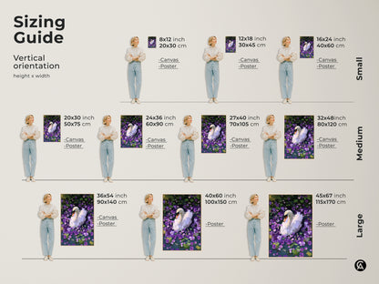 This sizing guide shows the white swan art print in various vertical sizes. The canvas and poster options fit different spaces. This painterly animal artwork makes a great focal point. Find the perfect size for your bedroom or living room. These make a thoughtful gift.