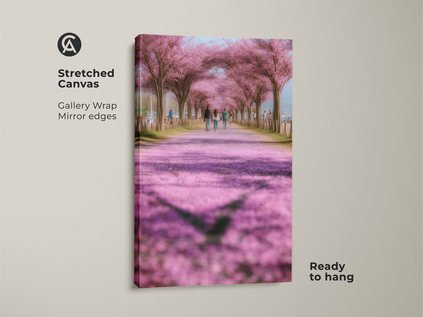 Stretched canvas art print featuring a pink cherry blossom path. Gallery wrapped with mirror edges this romantic spring landscape is ready to hang. The impressionistic nature scene brings soft pinks and greens to your decor. Ideal wall art for a bedroom or living room.