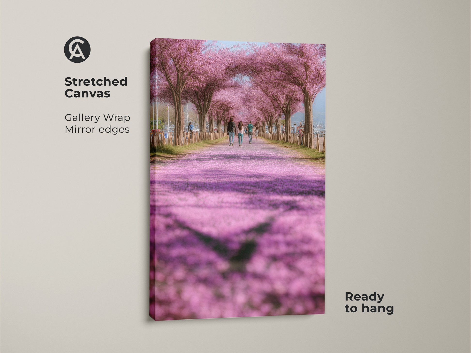 Stretched canvas art print featuring a pink cherry blossom path. Gallery wrapped with mirror edges this romantic spring landscape is ready to hang. The impressionistic nature scene brings soft pinks and greens to your decor. Ideal wall art for a bedroom or living room.