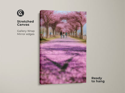 Stretched canvas art print featuring a pink cherry blossom path. Gallery wrapped with mirror edges this romantic spring landscape is ready to hang. The impressionistic nature scene brings soft pinks and greens to your decor. Ideal wall art for a bedroom or living room.