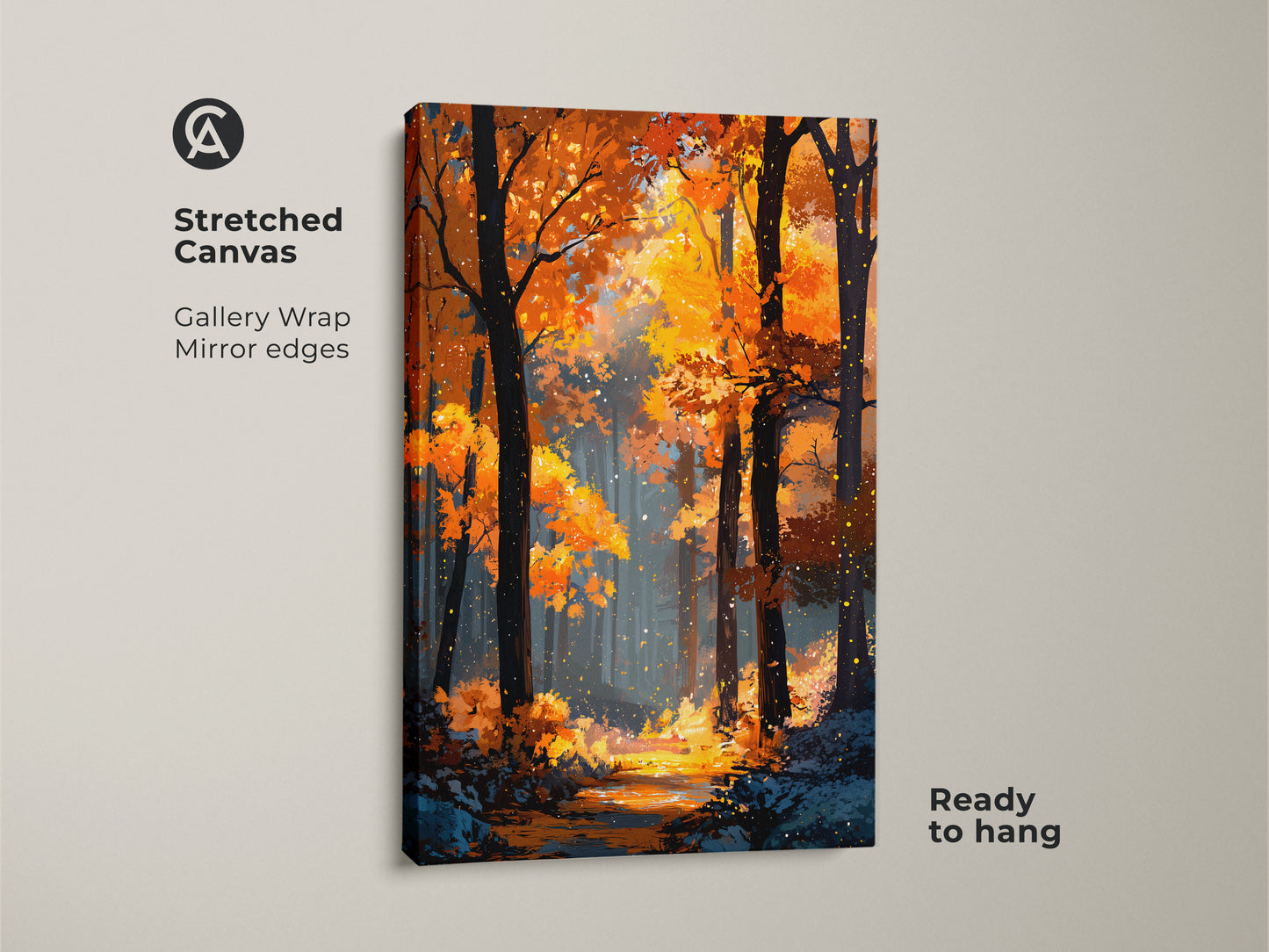 Stretched canvas artwork showcasing a golden autumn forest. Gallery wrapped with mirrored edges. The vibrant colors and detailed brushstrokes bring nature indoors. This ready-to-hang canvas enhances your home decor.