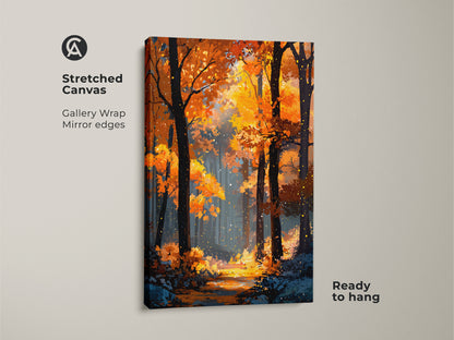 Stretched canvas artwork showcasing a golden autumn forest. Gallery wrapped with mirrored edges. The vibrant colors and detailed brushstrokes bring nature indoors. This ready-to-hang canvas enhances your home decor.