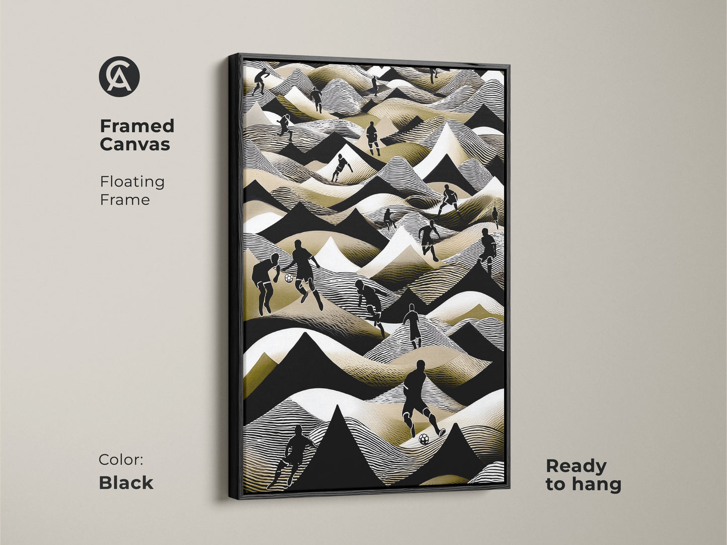 Framed in black this canvas features abstract football players. The soccer scene artwork uses black white and gold. This wall decor is ready to hang in any space. It is perfect for sports enthusiasts. The floating frame enhances its modern look.