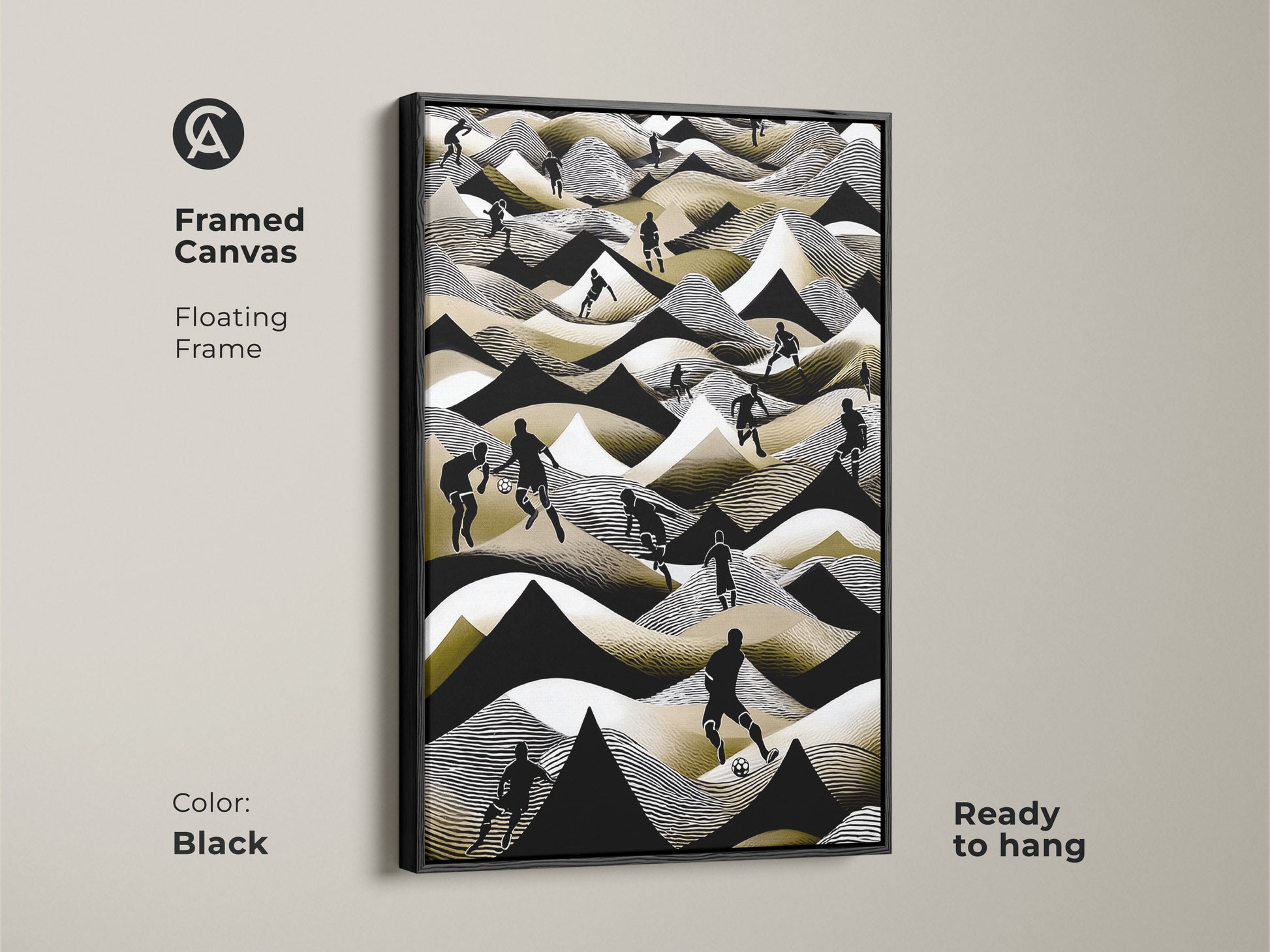 Framed in black this canvas features abstract football players. The soccer scene artwork uses black white and gold. This wall decor is ready to hang in any space. It is perfect for sports enthusiasts. The floating frame enhances its modern look.