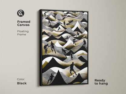 Framed in black this canvas features abstract football players. The soccer scene artwork uses black white and gold. This wall decor is ready to hang in any space. It is perfect for sports enthusiasts. The floating frame enhances its modern look.