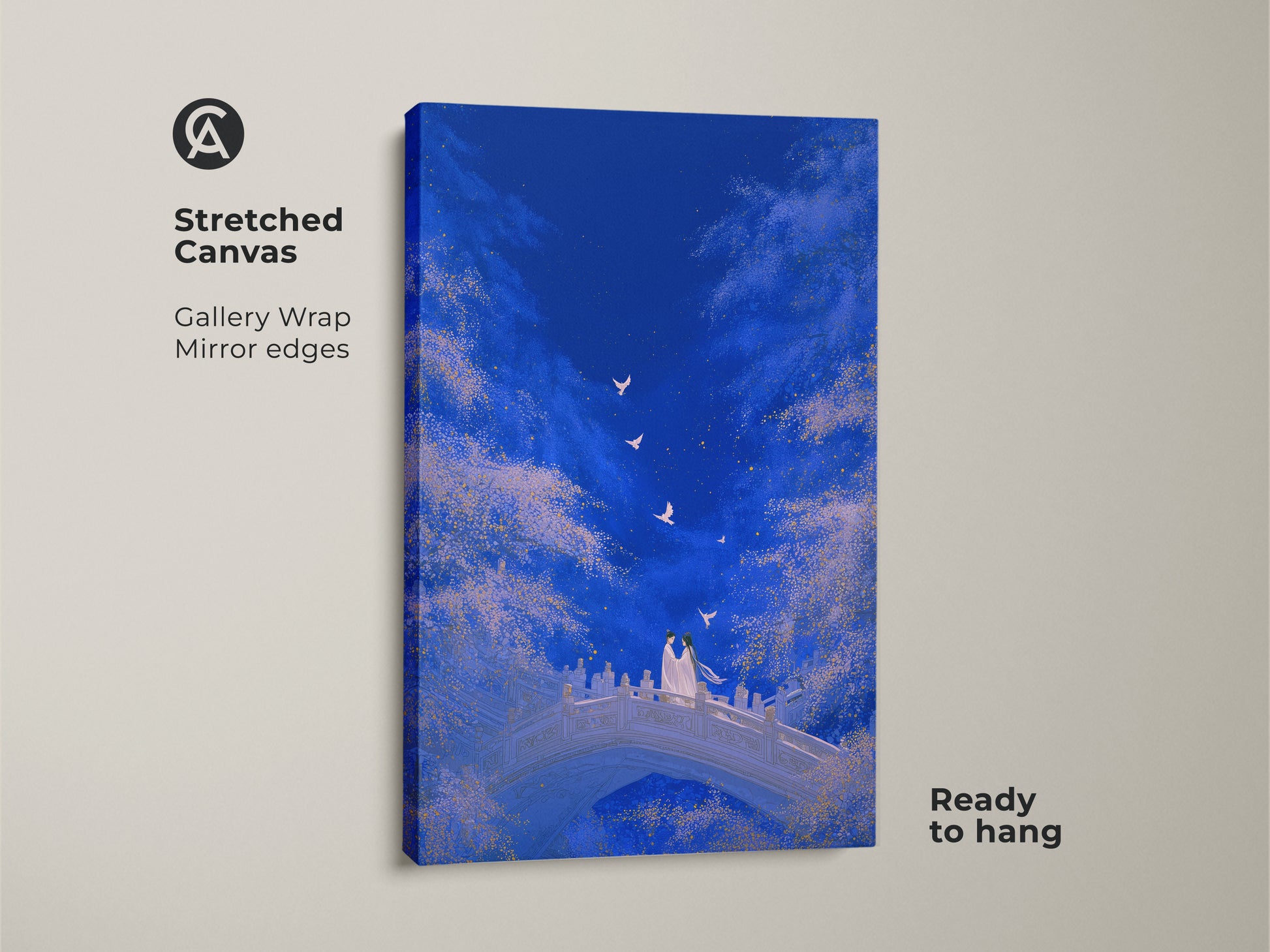 Stretched canvas art print displaying a romantic couple on a bridge. Gallery wrap with mirror edges. Ready to hang. Dreamy celestial sky decor in deep blue and gold tones. Perfect anniversary gift for couples.