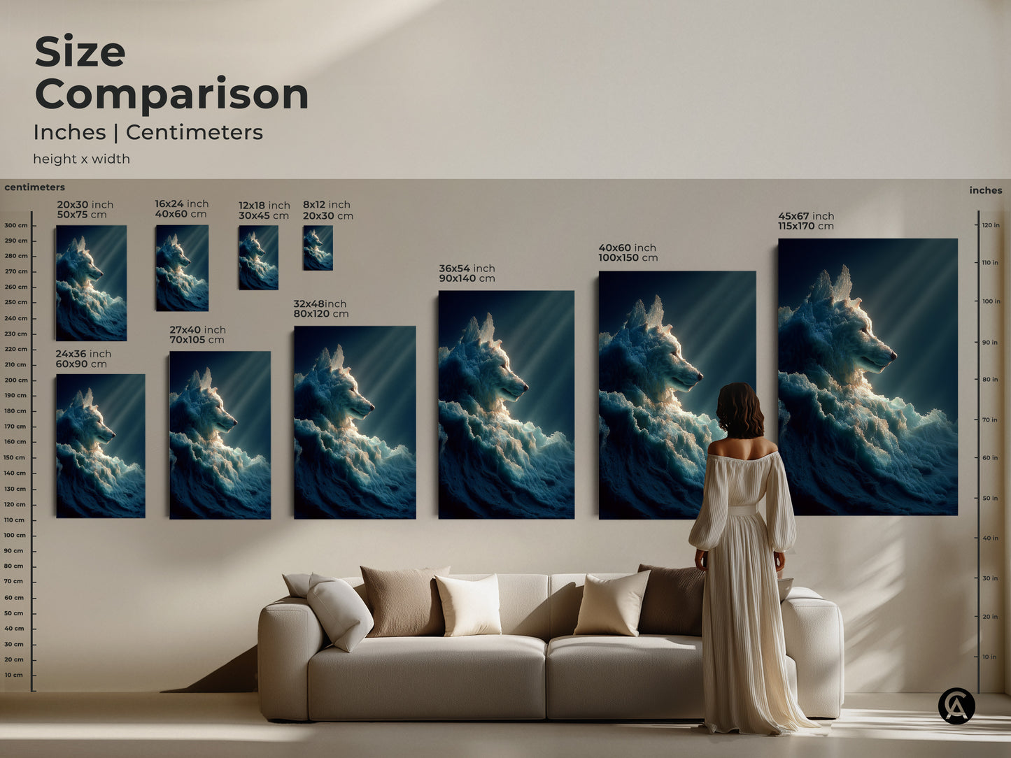 A size comparison of surreal ice wolf art. It shows canvas and poster options in inches and centimeters. The artwork is perfect above a couch. It adds an artistic touch to any living space.