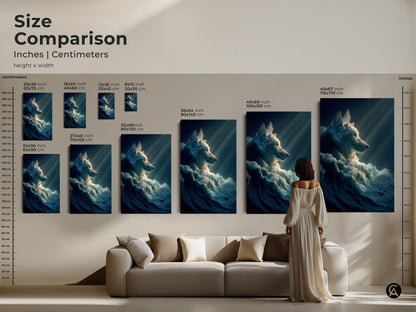 A size comparison of surreal ice wolf art. It shows canvas and poster options in inches and centimeters. The artwork is perfect above a couch. It adds an artistic touch to any living space.