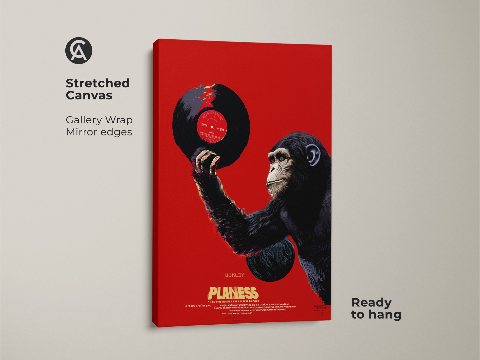 Stretched canvas of a retro pop art chimpanzee. The chimpanzee is holding a vinyl record. This eclectic music wall art has gallery wrap mirror edges. The dark gray and red animal print is ready to hang. Perfect wall decor for music lovers and record collectors.