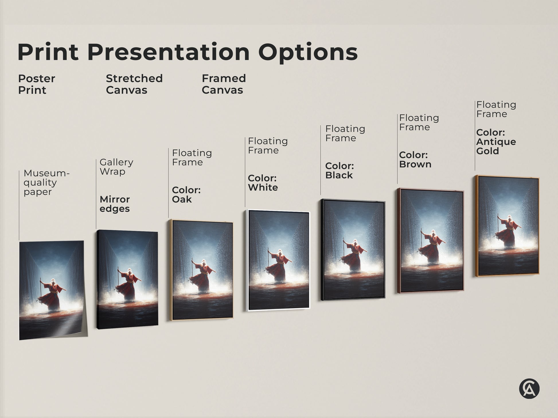 Explore print presentation options for the Moses Red Sea Crossing artwork. Choose from poster prints stretched canvas and framed canvas. Various floating frame colors are available. Find the perfect style for your space.