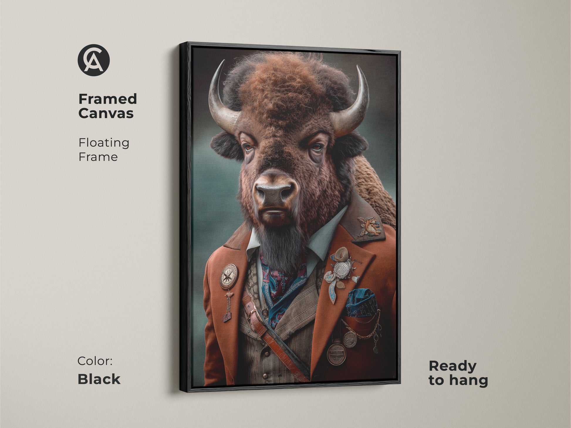 The steampunk bison art is framed in a black floating frame. The Victorian-style canvas adds a touch of historical fiction to any room. This anthropomorphic animal art is ready to hang. It's perfect for eclectic study and office spaces. This unique wildlife print features a russet and brown colour palette.