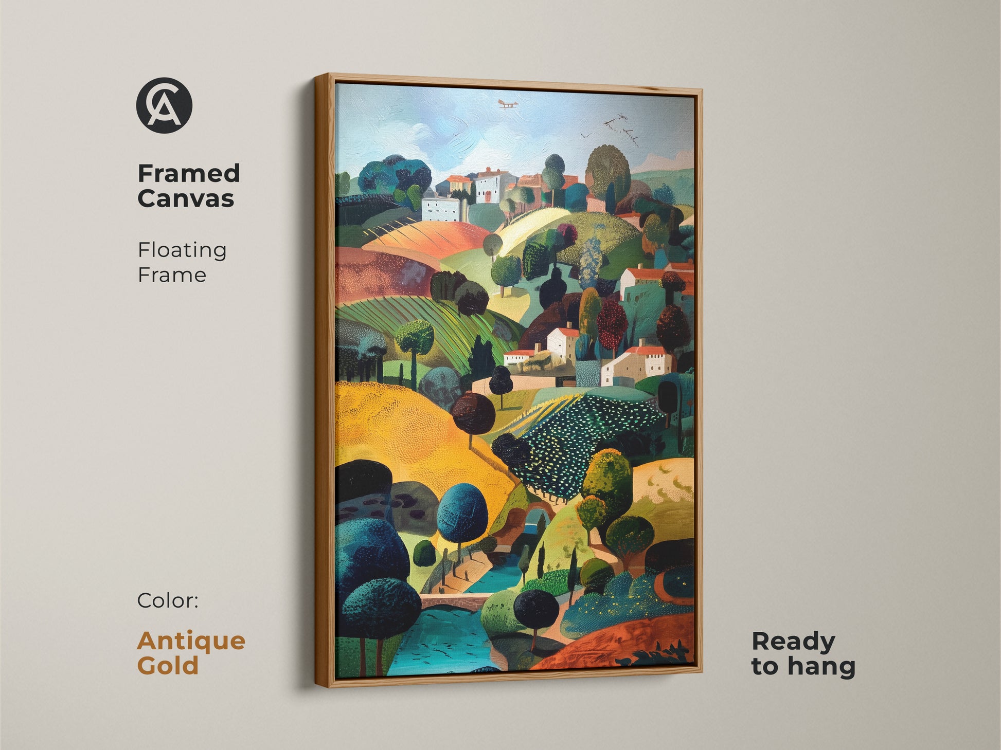 Framed canvas print of a folk naive style countryside village. The golden emerald and teal artwork features an antique gold floating frame. This travel inspired wall decor is ready to hang. It's a pastoral scene canvas and a housewarming gift for eclectic home decor.