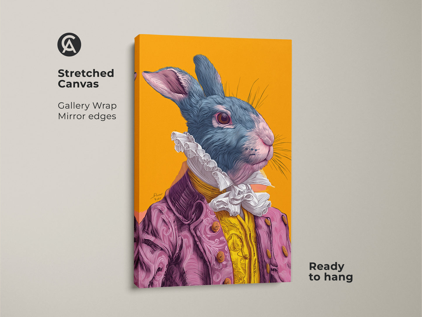 Stretched canvas gallery wrap of a rabbit artwork. The rabbit is wearing a pink suit. The artwork has mirror edges and is ready to hang. Great artwork for kids rooms or playrooms.