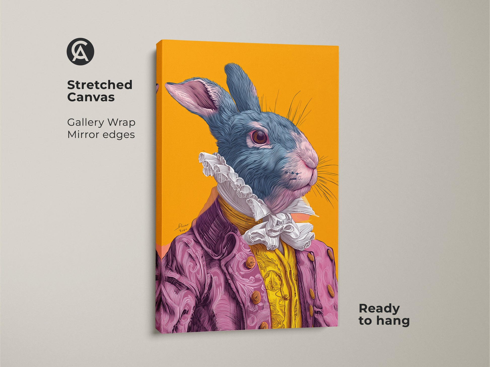 Stretched canvas gallery wrap of a rabbit artwork. The rabbit is wearing a pink suit. The artwork has mirror edges and is ready to hang. Great artwork for kids rooms or playrooms.