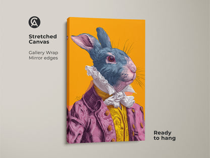 Stretched canvas gallery wrap of a rabbit artwork. The rabbit is wearing a pink suit. The artwork has mirror edges and is ready to hang. Great artwork for kids rooms or playrooms.