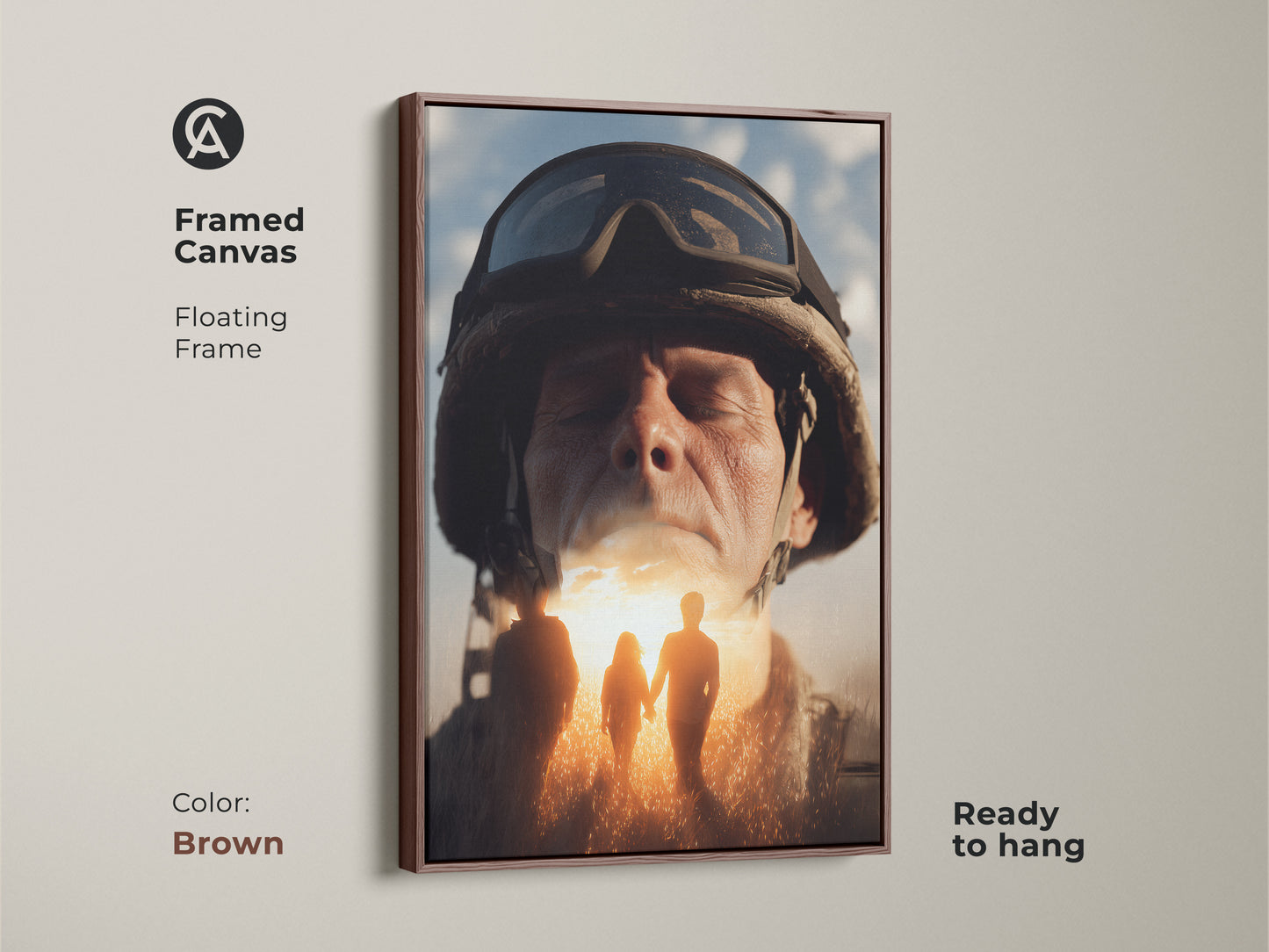 Framed canvas featuring conceptual soldier artwork. A brown floating frame complements this military family hope canvas. Golden yellow and sky blue tones create a surreal soldier portrait. Ready to hang. A thoughtful veteran's day gift.