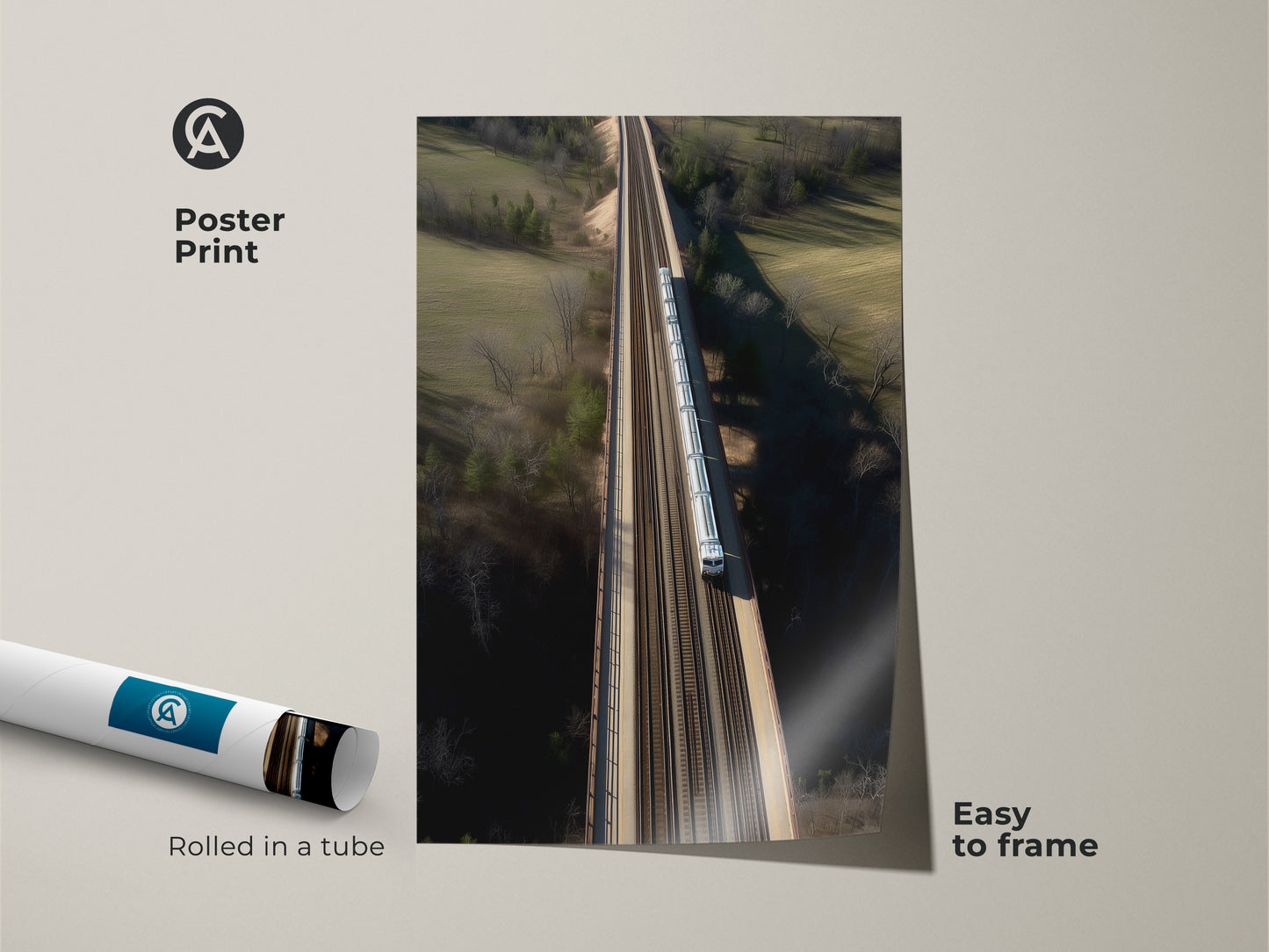 This poster print showcases modern landscape wall art. It features an aerial train bridge. The realistic transportation artwork is easy to frame. It's rolled in a tube for convenient delivery. The art brings a nature view to any room. Perfect as a train enthusiast gift.