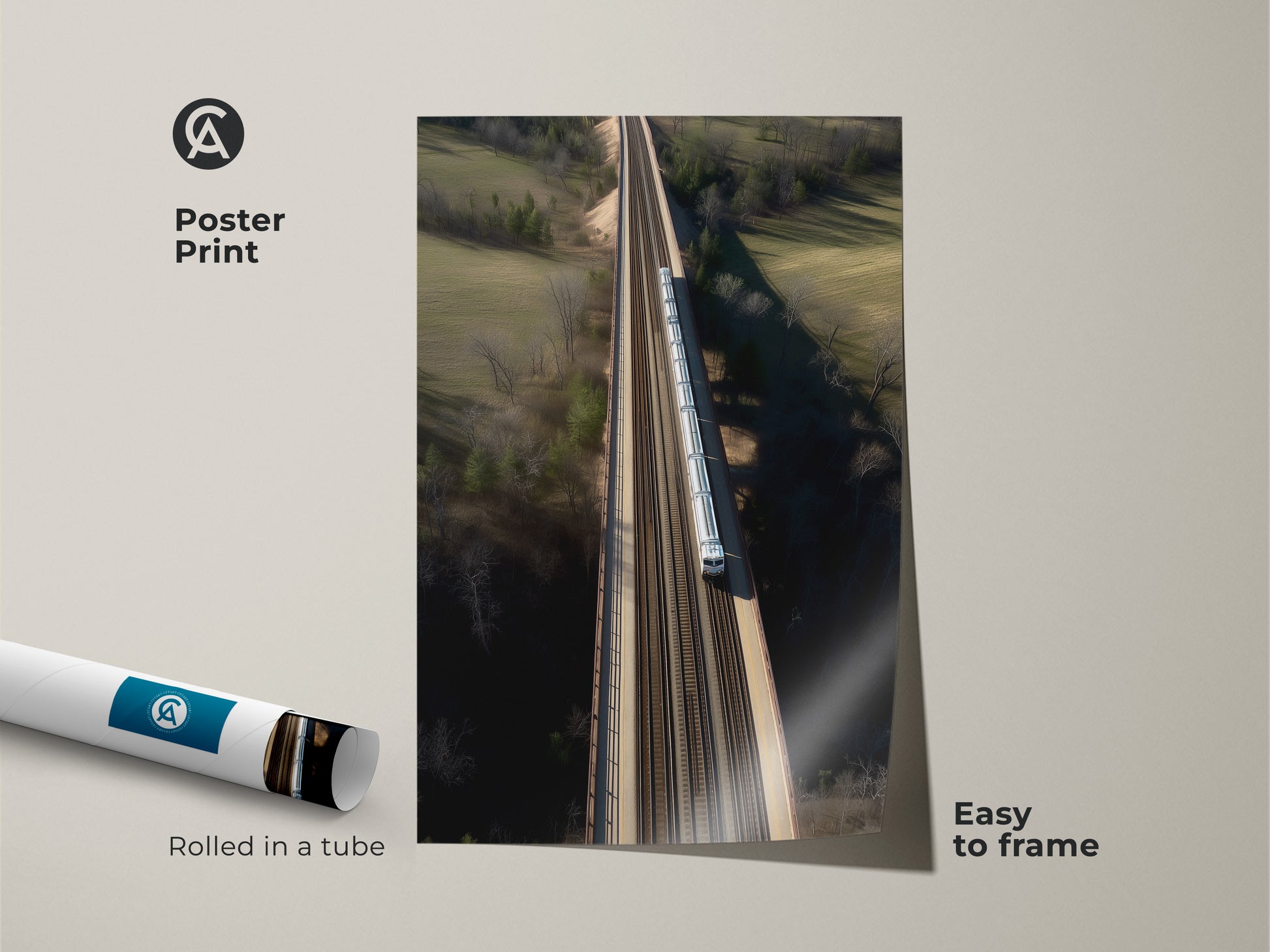 This poster print showcases modern landscape wall art. It features an aerial train bridge. The realistic transportation artwork is easy to frame. It's rolled in a tube for convenient delivery. The art brings a nature view to any room. Perfect as a train enthusiast gift.