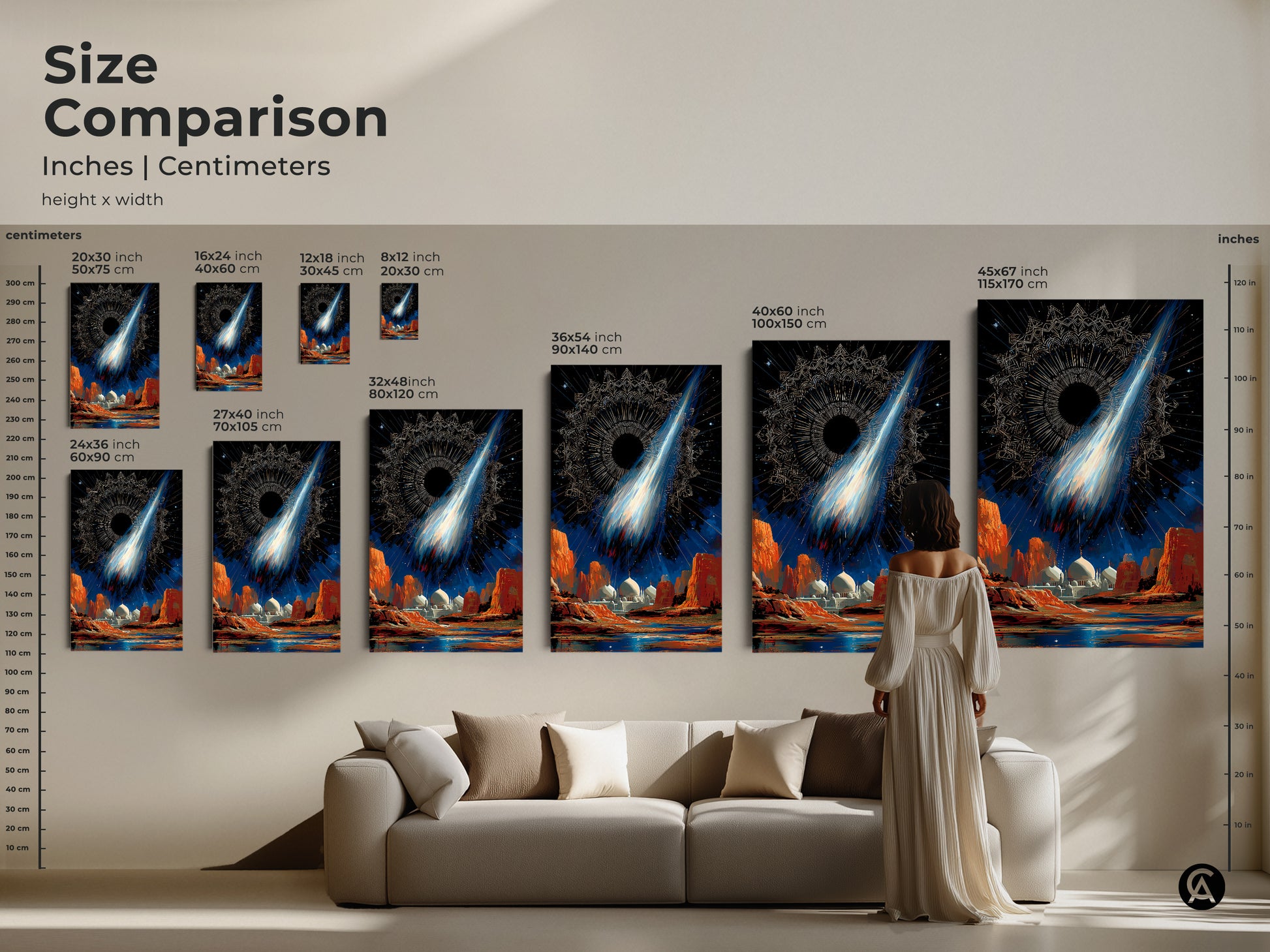 Size Comparison displaying dimensions in inches and centimeters. A woman stands near the couch with sizes ranging from 20x30 inch to 45x67 inch. The surreal space mosque artwork features a celestial comet in deep blue and orange tones. Find the perfect size for your space.