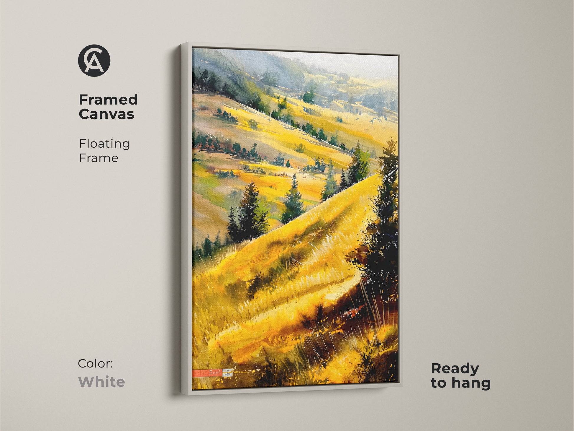 White framed canvas print of golden hills. The floating frame highlights the impressionist landscape art. A modern farmhouse bedroom decor piece. Sunlit landscape painting for your home. Enhance your space.